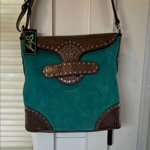 Sharif Teal Suede Shoulder Bag with Brown Croc Trim